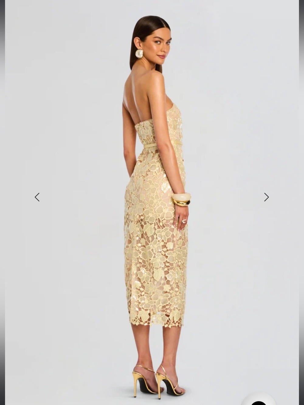 Retrofête Rowena Sequin Floral Lace Strapless Midi Dress Yuzu Yellow S